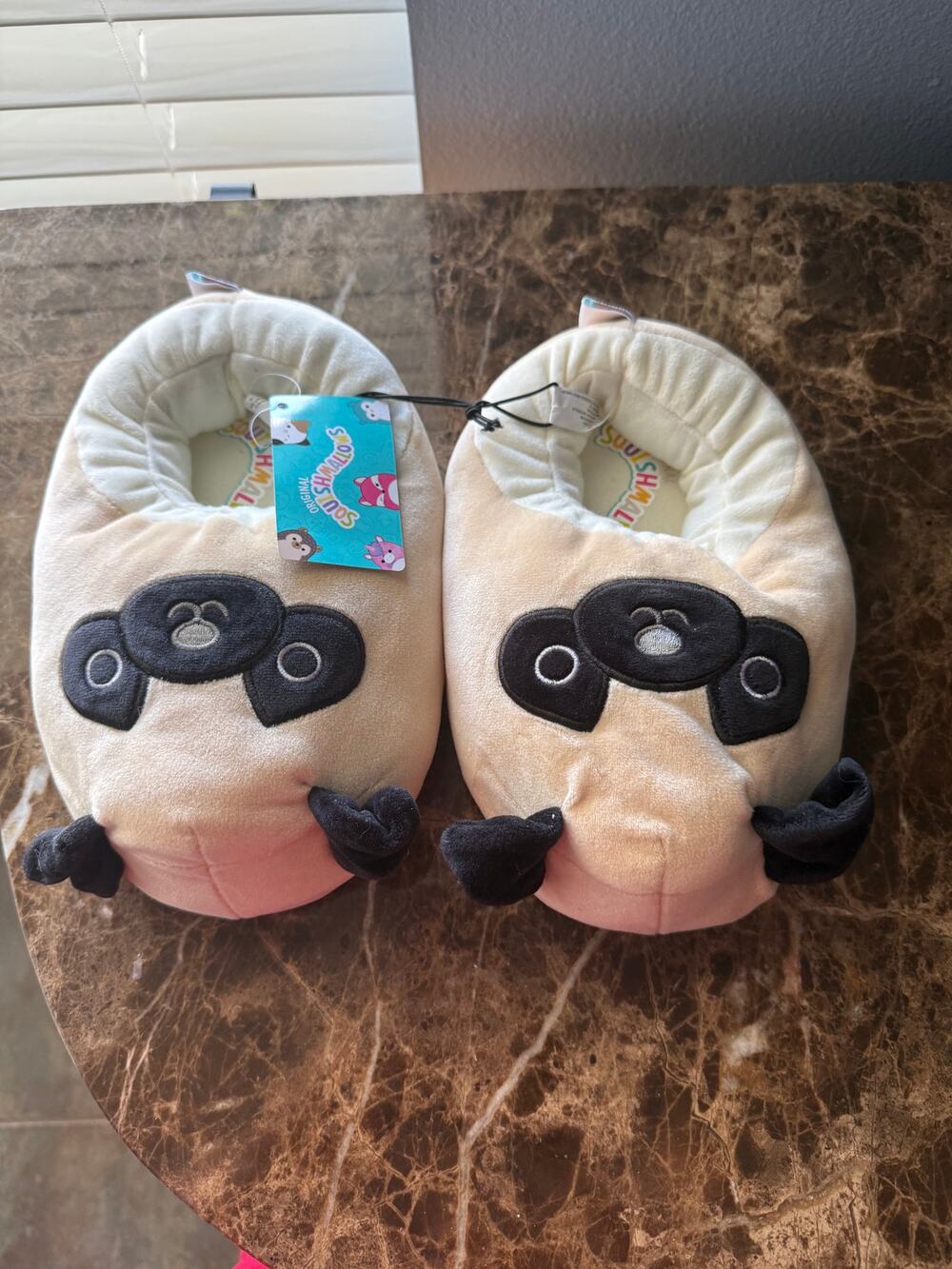 Squishmallows Kellytoy Pug Dog Plush Slippers Kids Size 2/3 Tan Black NWT